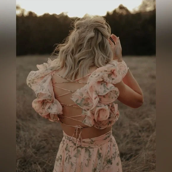 Mac Duggal 67803 Floral Chiffon Cutout Ruffle Shoulder Ball Gown Maxi Dress sz 8 - Picture 12 of 15